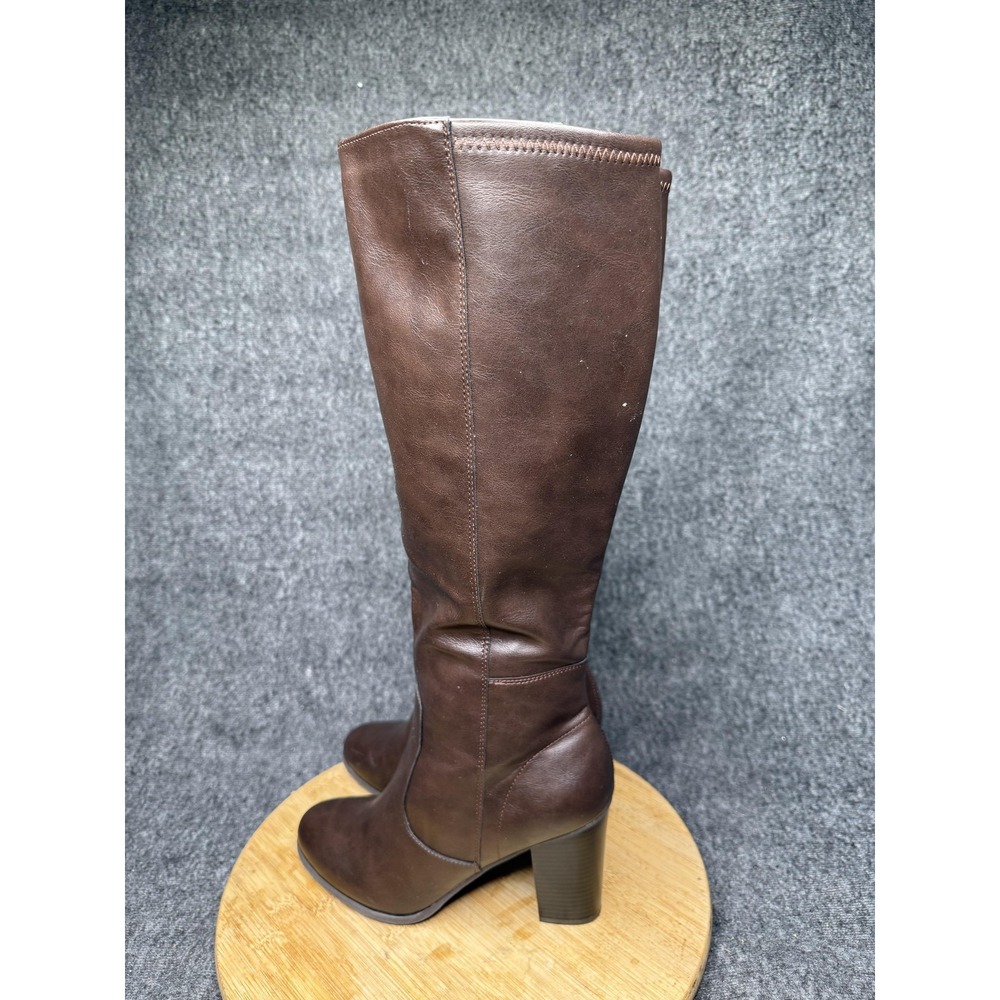Me Too Janice Boots Womens Size 9 Brown Faux Leather Knee High Block Heel Zip